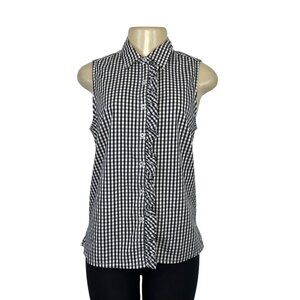Izod Black & White Gingham Sleeveless Button-Up Top With Ruffle Front Sz SP